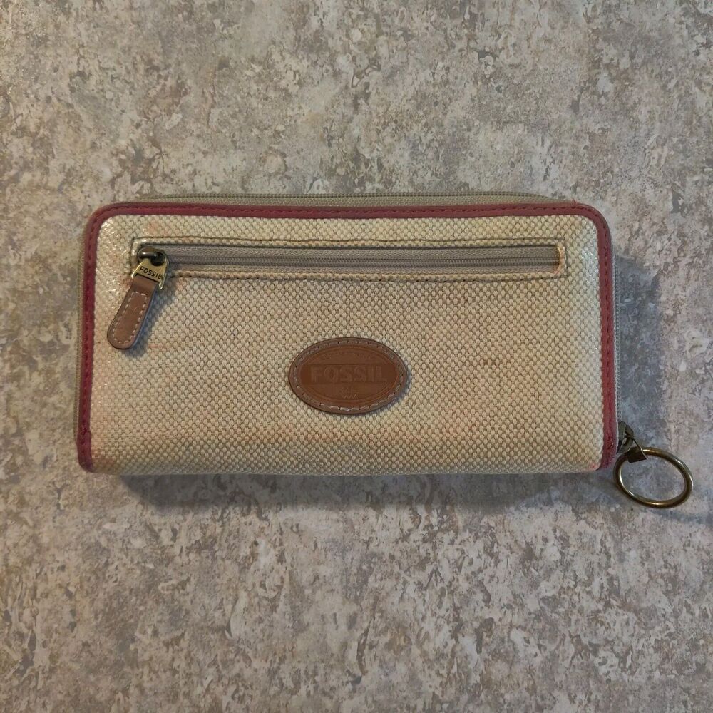Fossil Zip Burlap Leather Wallet Polka Dot